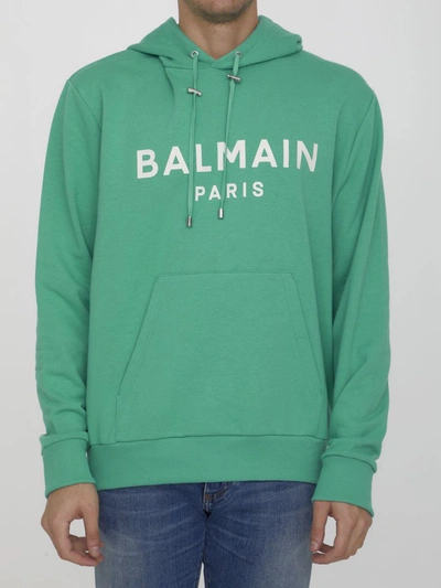 Shop Balmain Aqua Green Hoodie With Logo