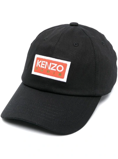 Shop Kenzo Black Baseball Cap With Front Logo In Cotton Man