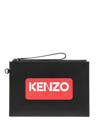 Shop Kenzo Black Clutch Bag With Printed Logo In Leather