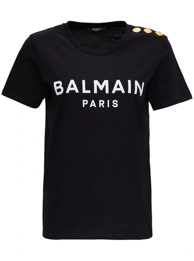 Shop Balmain Black Crewneck T-shirt With Logo Print And Golden Buttons In Jersey Woman