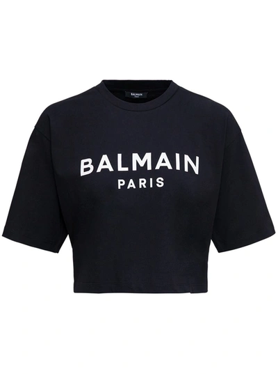 Shop Balmain Black Cropped T-shirt With Contrasting Logo Print In Cotton Woman