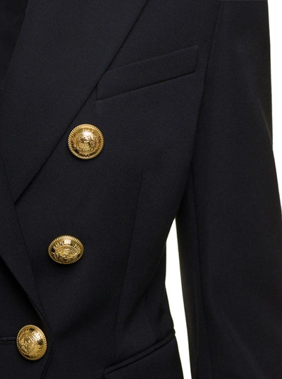 Shop Balmain Black Double-breasted Jacket With Branded Buttons And Asymmetric Cut In Wool Woman