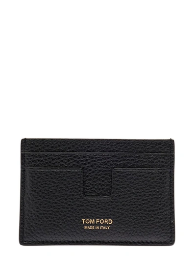 Shop Tom Ford Black T Line Card-holder With Gold-colored Embossed Logo In Grainy Leather Man