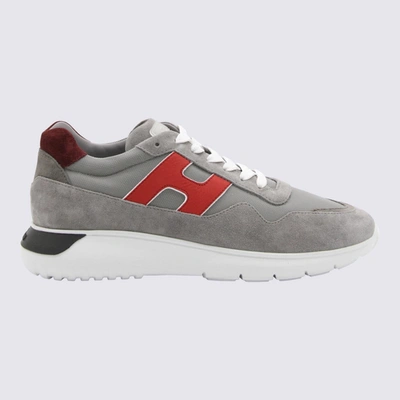 Shop Hogan Grey And Red Suede Interactive Sneakers In Grey/red