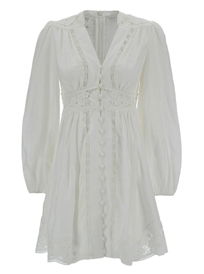Shop Zimmermann Mini White Dress With Embroideries And Puff Sleeves In Linen Woman
