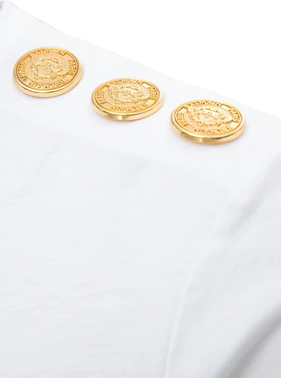 Shop Balmain White Crewneck T-shirt With Logo Print And Golden Buttons In Jersey Woman