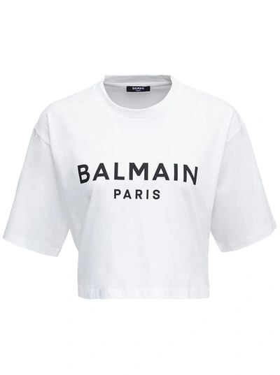 Shop Balmain White Cropped T-shirt With Contrasting Logo Print In Cotton Woman