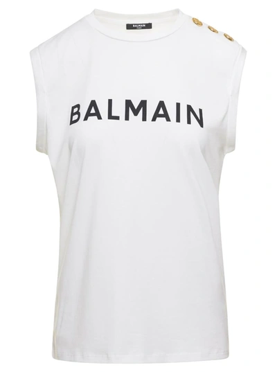 Shop Balmain White Tank Top With Contrasting Lettering Print And Jewel Buttons In Cotton Donna