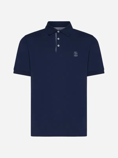 Shop Brunello Cucinelli Logo Cotton Polo Shirt In Prussian Blue,grey