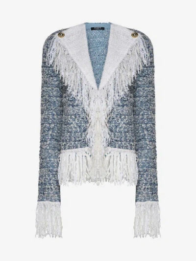 Shop Balmain Fringed Tweed Blazer In Blue,white