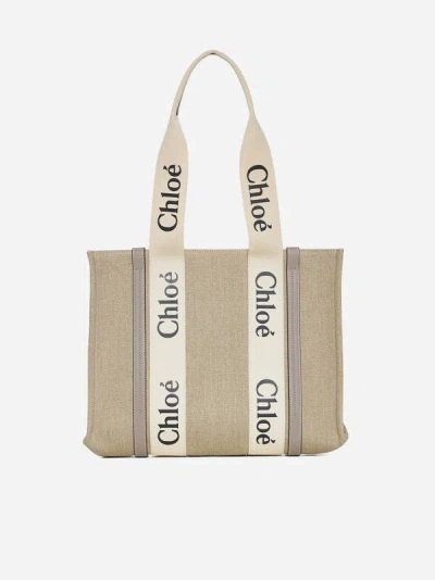 Shop Chloé Woody Medium Linen Tote Bag In Musk Grey