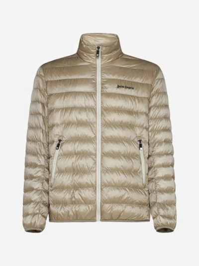 Shop Palm Angels Logo Quilted Nylon Down Jacket In Beige,black