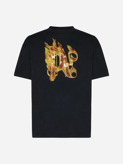Shop Palm Angels Burning Monogram Cotton T-shirt In Black,gold