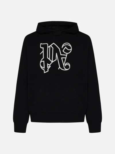 Shop Palm Angels Monogram Wool-blend Hooded Sweater In Black,off White