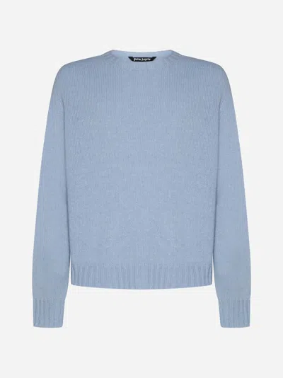 Shop Palm Angels Curved Logo Wool-blend Sweater In Light Blue,white