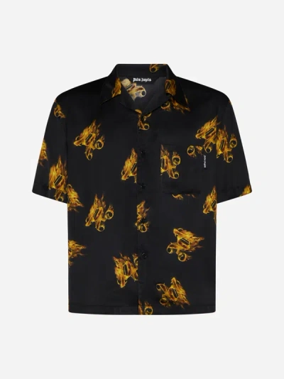 Shop Palm Angels Burning Monogram Print Viscose Shirt In Black,gold