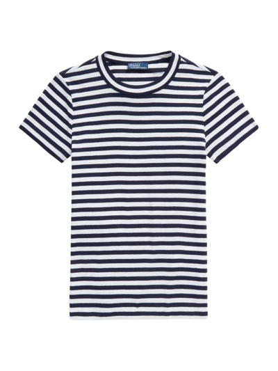 Shop Polo Ralph Lauren Women's Stripe Rib-knit Cotton T-shirt In Cruise Navy White