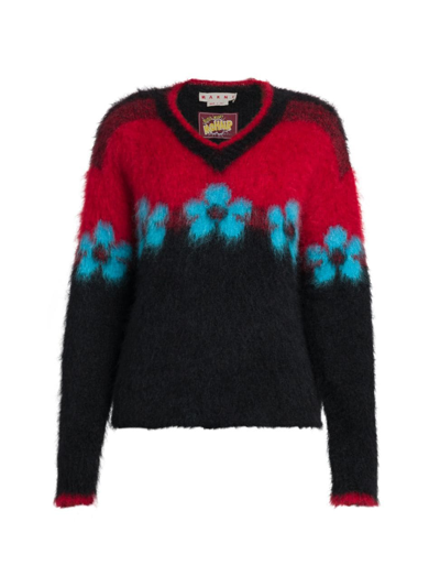 Shop Marni Men's Floral Mohair-blend Sweater In Black