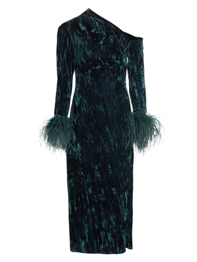 Shop 16arlington Women's Adelaide Velvet Feather-cuff Midi-dress In Teal