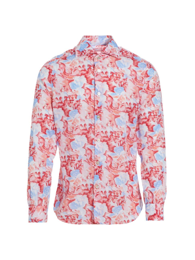 Shop Kiton Men's Floral Print Linen-blend Shirt In Red