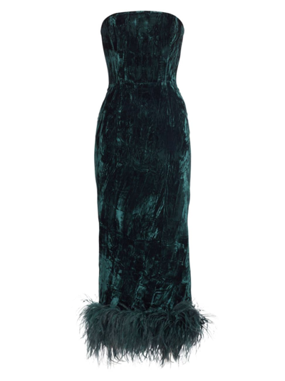 Shop 16arlington Women's Minelli Velvet Feather-hem Midi-dress In Teal
