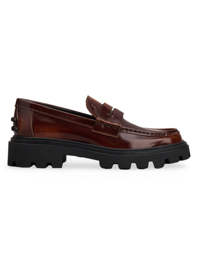 Shop Tod's Women's Gomma Pesante Leather Lug-sole Penny Loafers In Brown