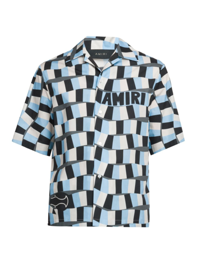 Shop Amiri Men's Snake Checker Silk Bowling Shirt In Air Blue