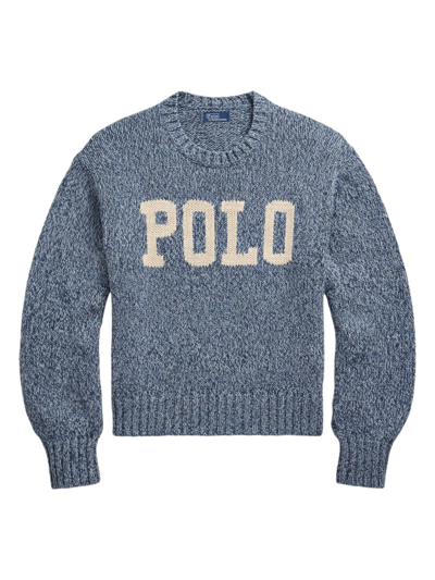 Shop Polo Ralph Lauren Women's Intarsia-knit Logo Cotton Sweater In Denim Marl