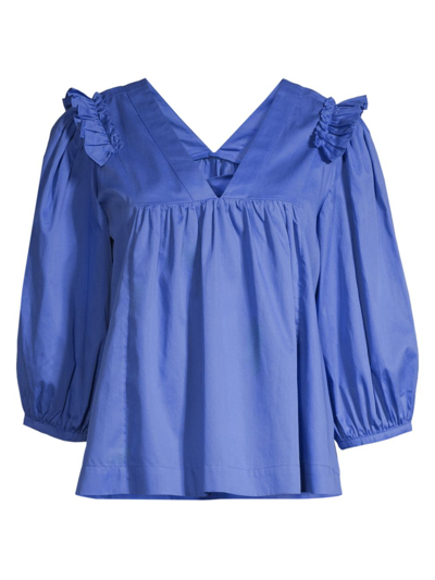 Shop Harshman Women's Cheryl Cotton Ruffle Blouse In Indigo Blue