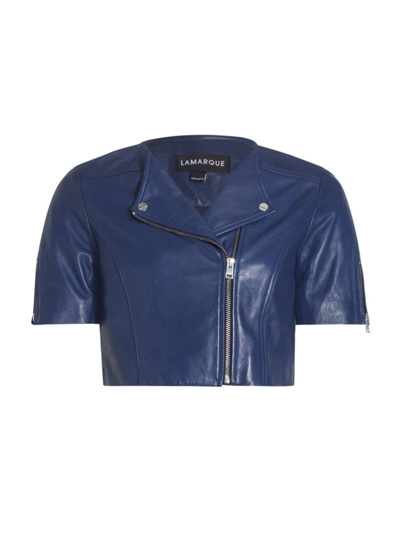 Shop Lamarque Women's Kirsi Leather Crop Biker Jacket In Aegean Blue