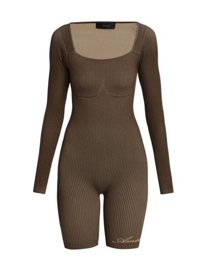 Shop Amiri Women's Ribbed Seamless Long-sleeve Bodysuit In Brown