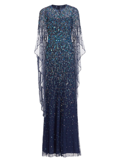 Shop Jenny Packham Women's Delphine Tulle Cape-sleeve Beaded Gown In Squid Ink
