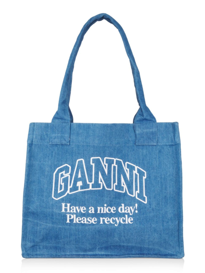 Shop Ganni Women's Large Easy Cotton Shopper Tote Bag In Denim