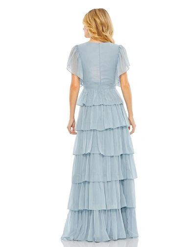 Shop Mac Duggal Flutter Sleeve Ruffle Tiered Gown In Slate Blue