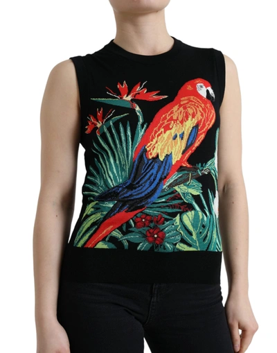 Shop Dolce & Gabbana Elegant Crew Neck Wool Silk Tank With Bird Women's Embroidery In Black