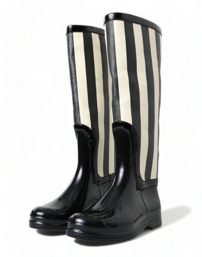 Shop Dolce & Gabbana Black Rubber Knee High Flat Boots Women's Shoes In Black And White