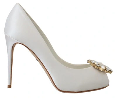 Shop Dolce & Gabbana White Crystals Peep Toe Heel Satin Women's Pumps
