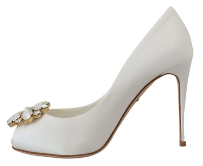 Shop Dolce & Gabbana White Crystals Peep Toe Heel Satin Women's Pumps