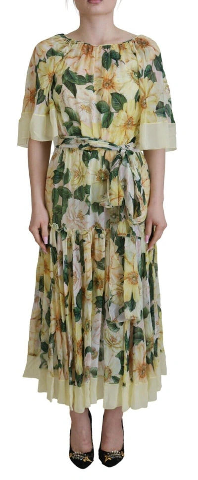 Shop Dolce & Gabbana Elegant Floral Silk Pleated Maxi Women's Dress In Yellow