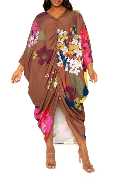 Shop Buxom Couture Print Cinch Waist Caftan Dress In Brown Multi