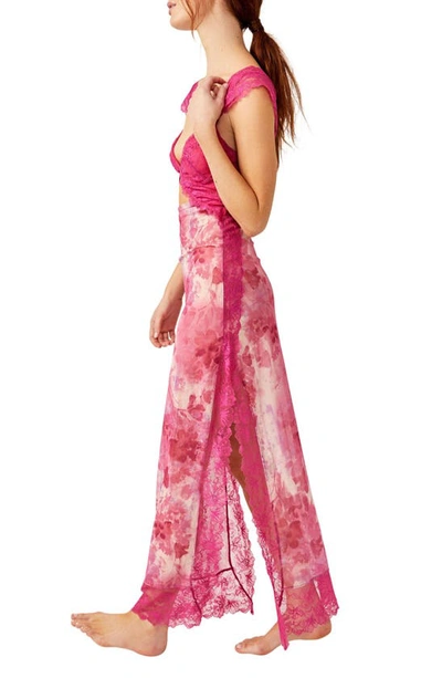 Shop Free People Suddenly Fine Floral Print Cutout Lace Trim Nightgown In Rosey Combo