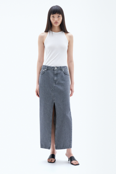 Shop Filippa K Long Slit Denim Skirt In Grey