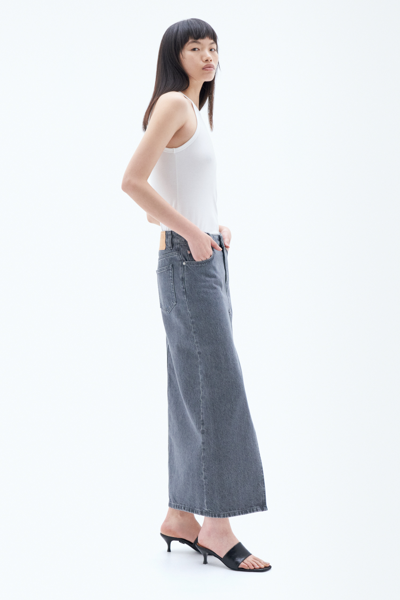 Shop Filippa K Long Slit Denim Skirt In Grey