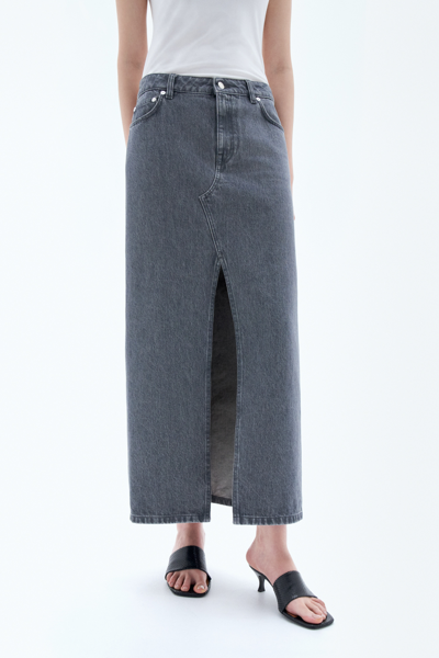 Shop Filippa K Long Slit Denim Skirt In Grey