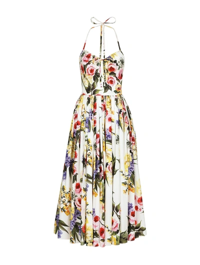 Shop Dolce & Gabbana Calf-length Cotton Dress With Garden Print In White