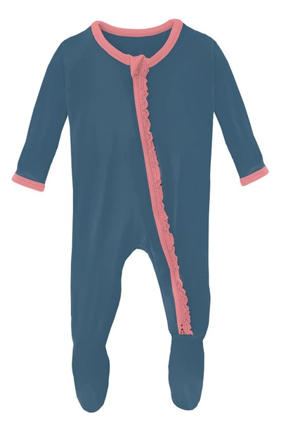 Shop Kickee Pants Ruffle Fitted One-piece Pajamas In Deep Sea With Strawberry