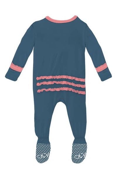 Shop Kickee Pants Ruffle Fitted One-piece Pajamas In Deep Sea With Strawberry