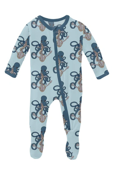 Shop Kickee Pants Octopus Anchor Fitted One-piece Pajamas In Spring Sky Octopus Anchor