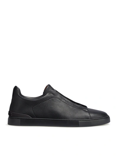 Zegna Triple Stitch Deerskin Leather Slip-on Sneaker In Black