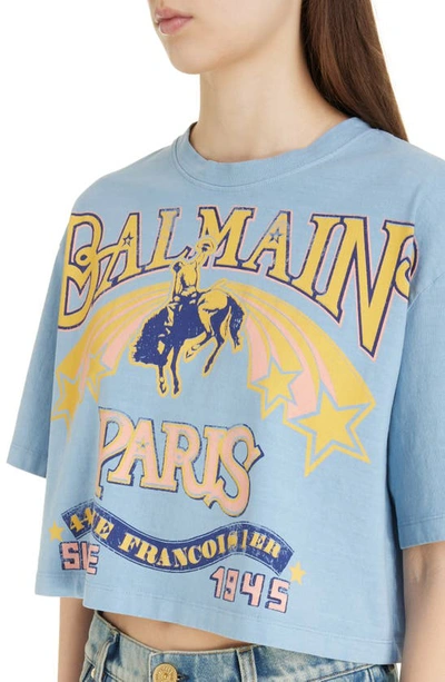 Shop Balmain Western Logo Crop Graphic T-shirt In Pale Blue/ Multi